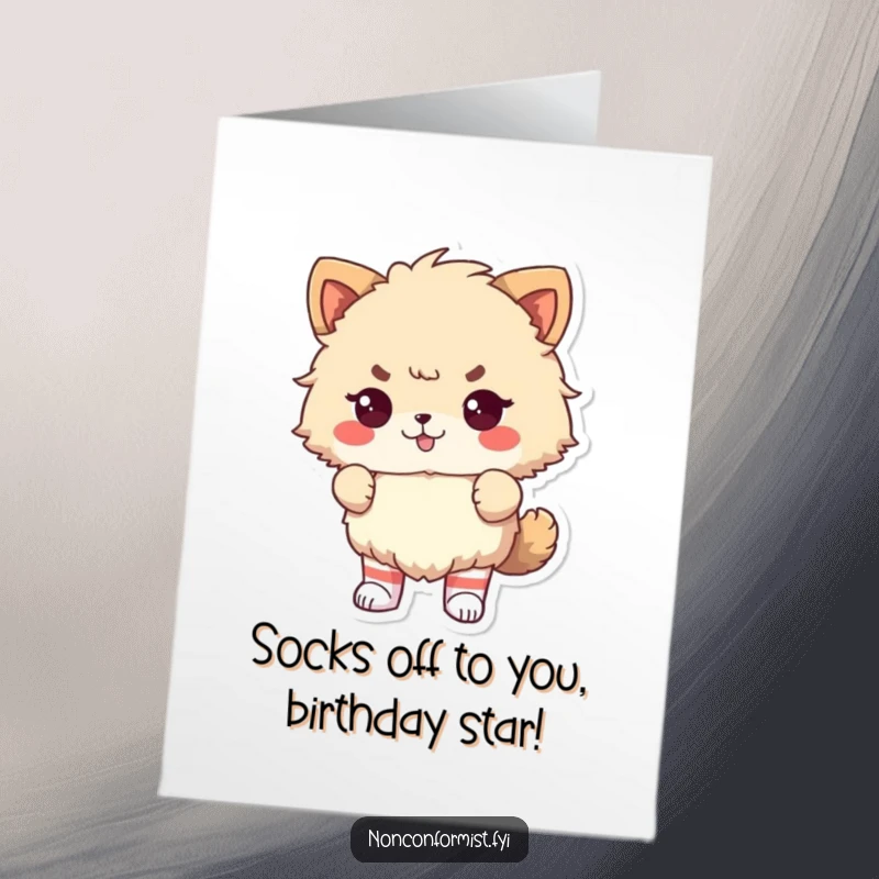 Funny Free Printable Birthday Card: Fluffy animal with odd socks, proudly defiant, spreading birthday cheer. A unique DIY greeting.