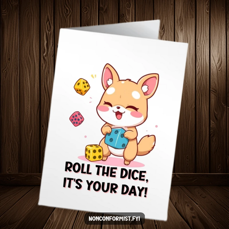 Funny Free Printable Birthday Card: Winking animal character playfully juggling colorful dice, spreading joy and laughter.