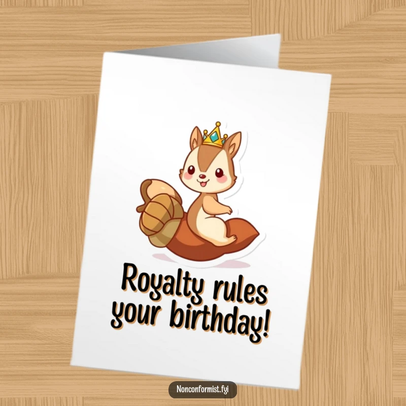 Funny free printable birthday card: a mischievous squirrel king in a crown joyfully rides a rolling acorn downhill.