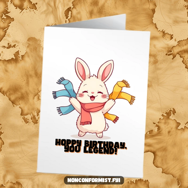 Funny Free Printable Birthday Card: A fluffy rabbit joyfully juggles three colorful scarves.