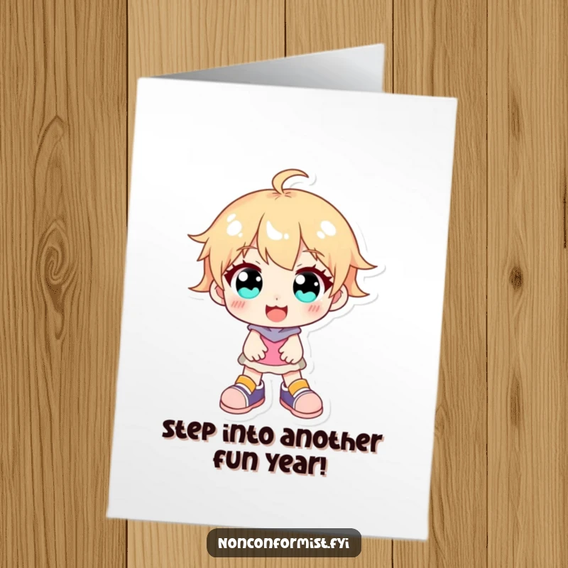 Funny Free Printable Birthday Card: A joyful character with bright, sparkling eyes and mismatched shoes beaming with happiness.