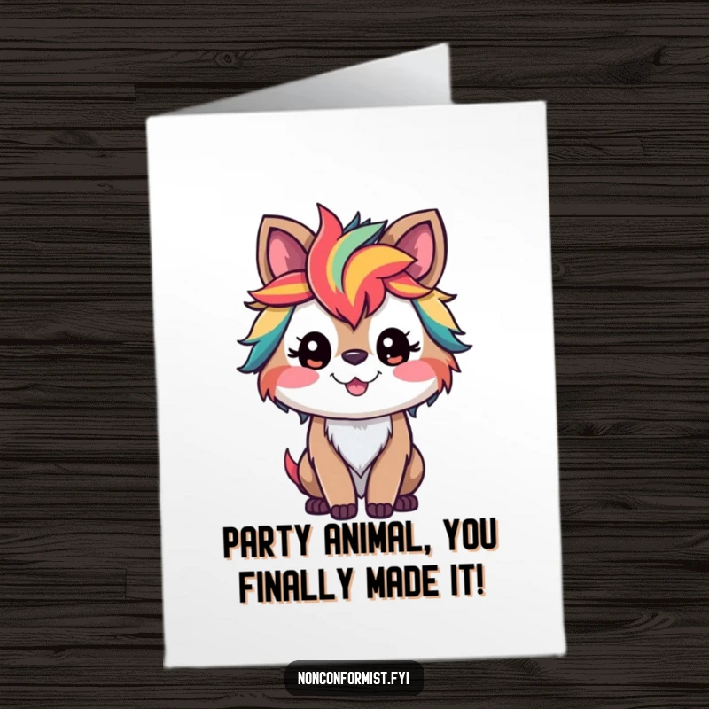 Funny Free Printable Birthday Card featuring a smiling animal with rainbow-colored fur, ready to party.