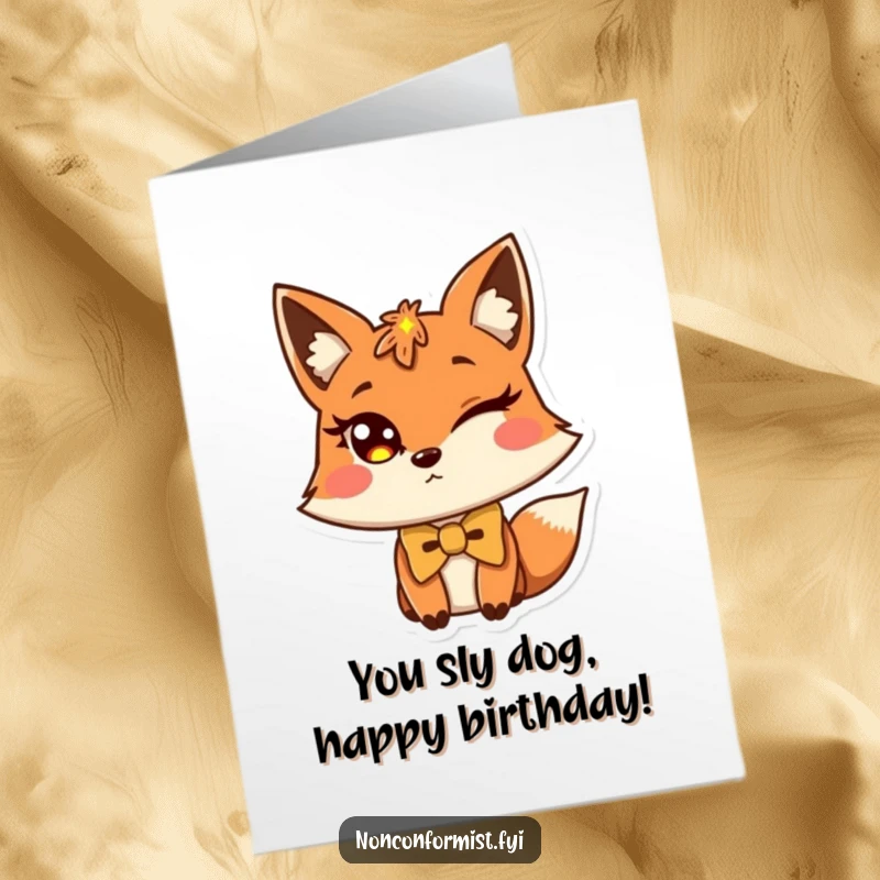 Funny free printable birthday card: A charming fox winks playfully, its bow tie askew.