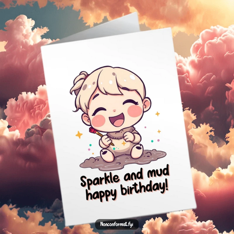 Funny Free Printable Birthday Card: Joyful character pleased with glitter and mud art, humorous downloadable birthday gift.