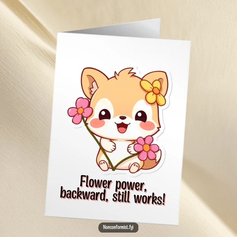 Funny Free Printable Birthday Card: Cute animal hilariously wears a flower backwards, guaranteed smiles for a DIY gift.
