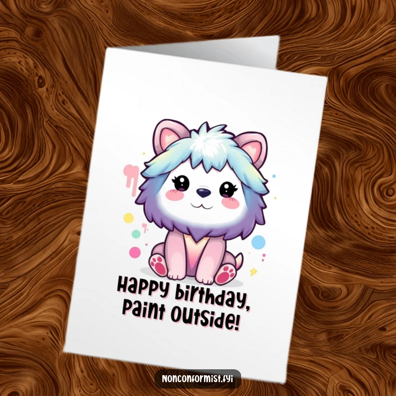 Funny Free Printable Birthday Card: Animal character joyfully painting a rainbow using wild, unconventional colors. Artistic, humorous DIY.