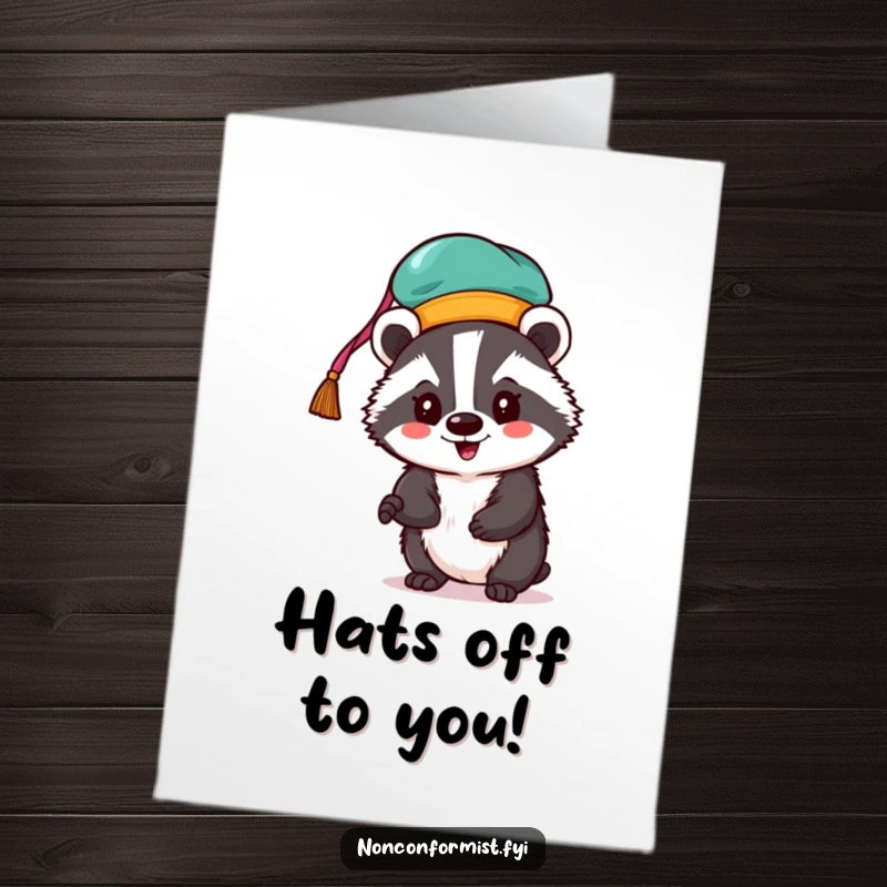 Funny free printable birthday card: An enthusiastic badger sports a wildly colorful and unconventional hat.