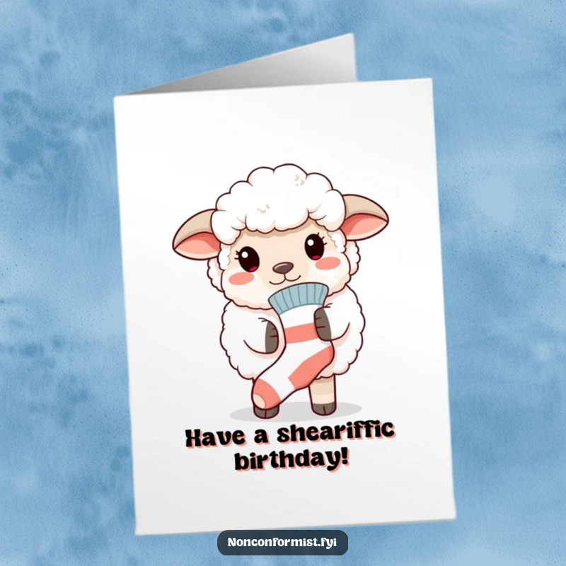 Funny Free Printable Birthday Card: Fluffy sheep proudly wearing one mismatched sock, a unique downloadable greeting.