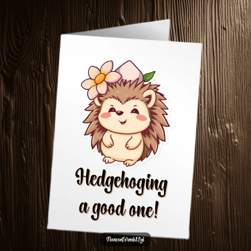 Funny Free Printable Birthday Card: Smiling hedgehog wearing an upside-down flower hat, ready to party.
