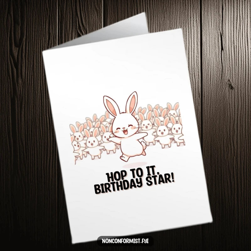 Funny free printable birthday card: A joyful rabbit hops in the opposite direction of a distant flock.