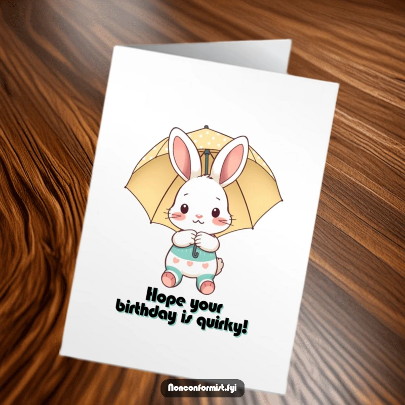 Funny Free Printable Birthday Card of a shy bunny in mismatched socks peeking from behind an umbrella.