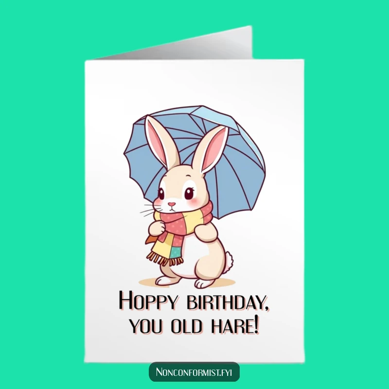 Free Printable Birthday Card: Funny Rabbit with Umbrella, Perfect Downloadable Gift!