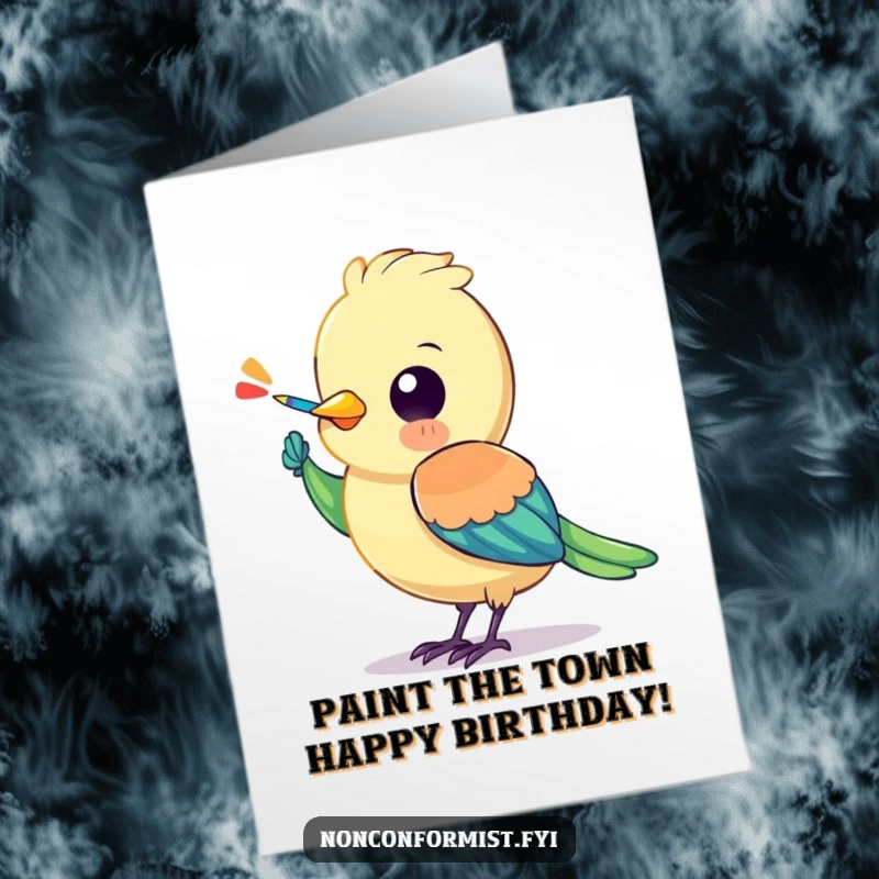 Funny Free Printable Birthday Card: Colorful bird painting a stripe on its wing, celebrating your special day.