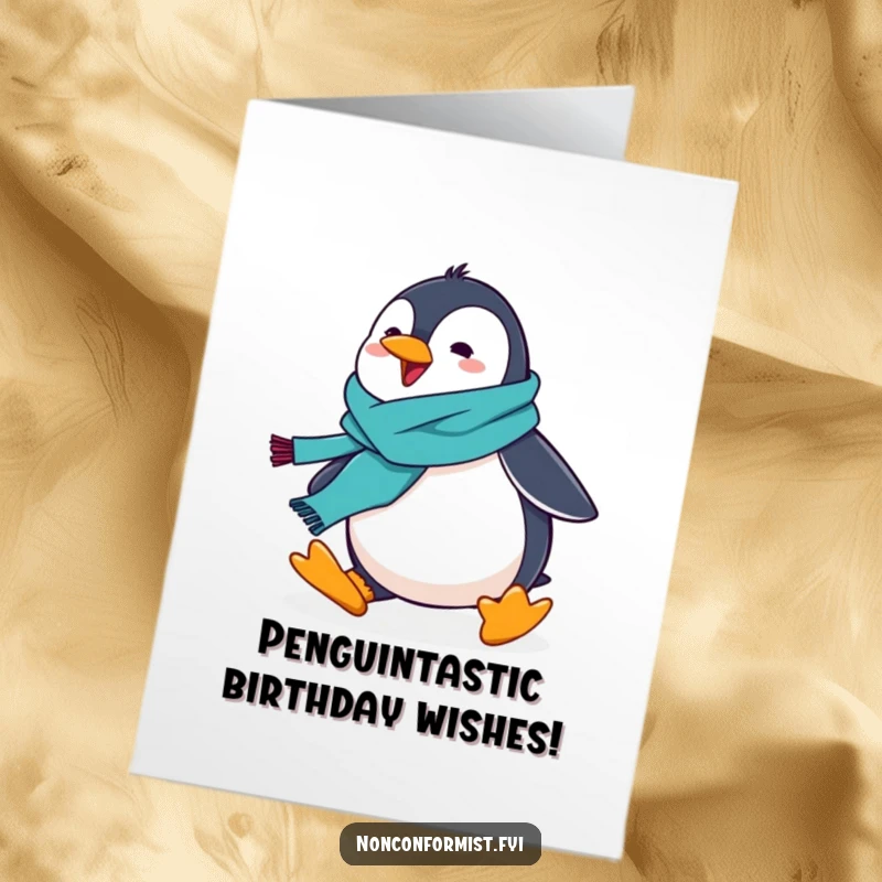 Funny Free Printable Birthday Card: Playful penguin in a vibrant scarf trips hilariously, ready to deliver birthday cheer.