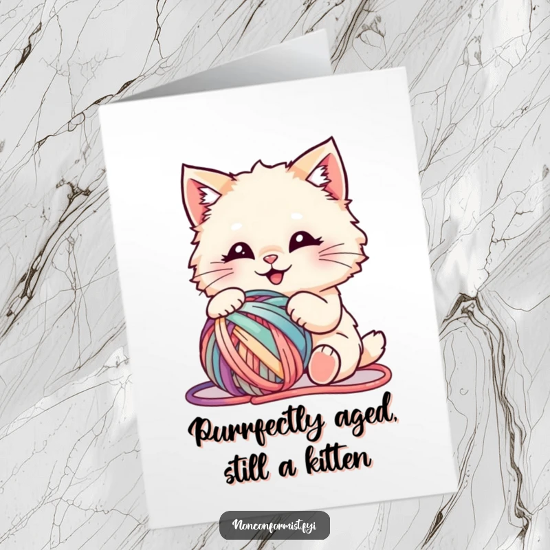Funny free printable birthday card featuring a fluffy cat tangled in clashing colored yarn, looking delightfully chaotic.