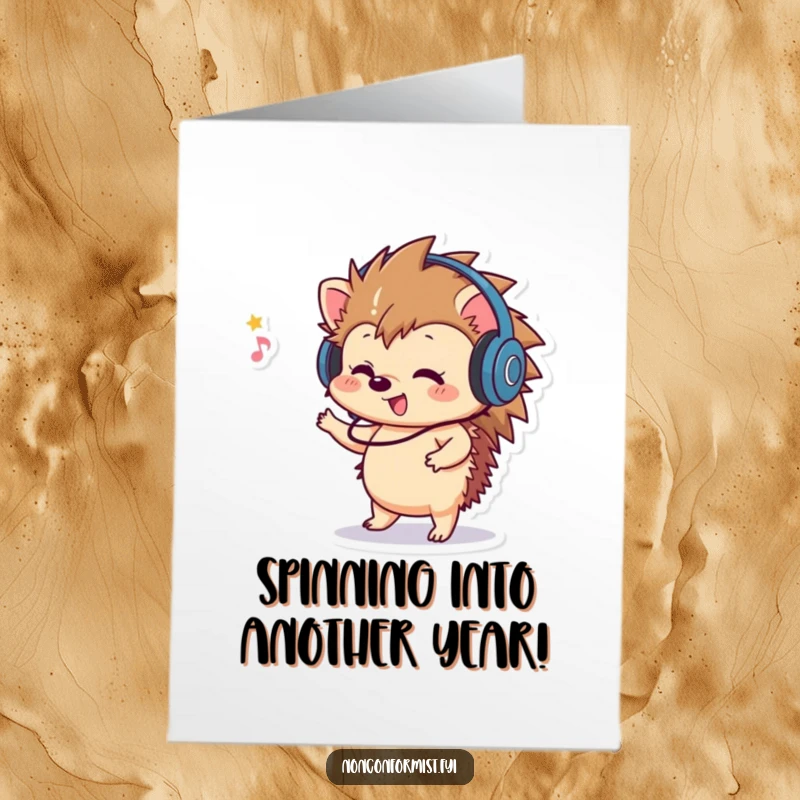 Funny free printable birthday card showing a playful hedgehog wearing headphones and dancing ecstatically.