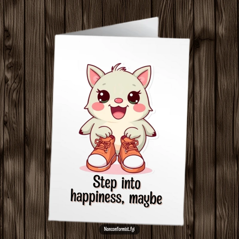 Funny Free Printable Birthday Card: Quirky creature proudly displays mismatched shoes, a unique and humorous birthday wish.