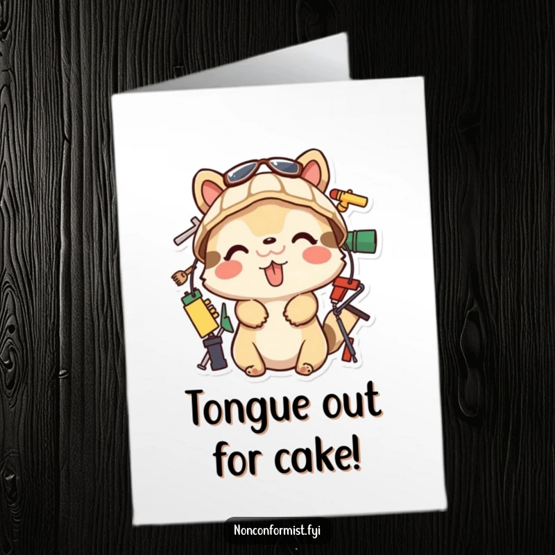 Funny Free Printable Birthday Card: Playful animal sticking its tongue out while building with odd items, humorous downloadable birthday gift.