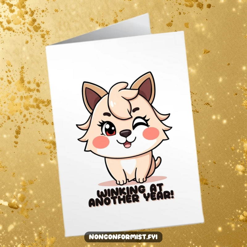 Funny Free Printable Birthday Card: Cheerful animal winking mischievously, sporting a wild asymmetrical haircut, humorous downloadable birthday gift.
