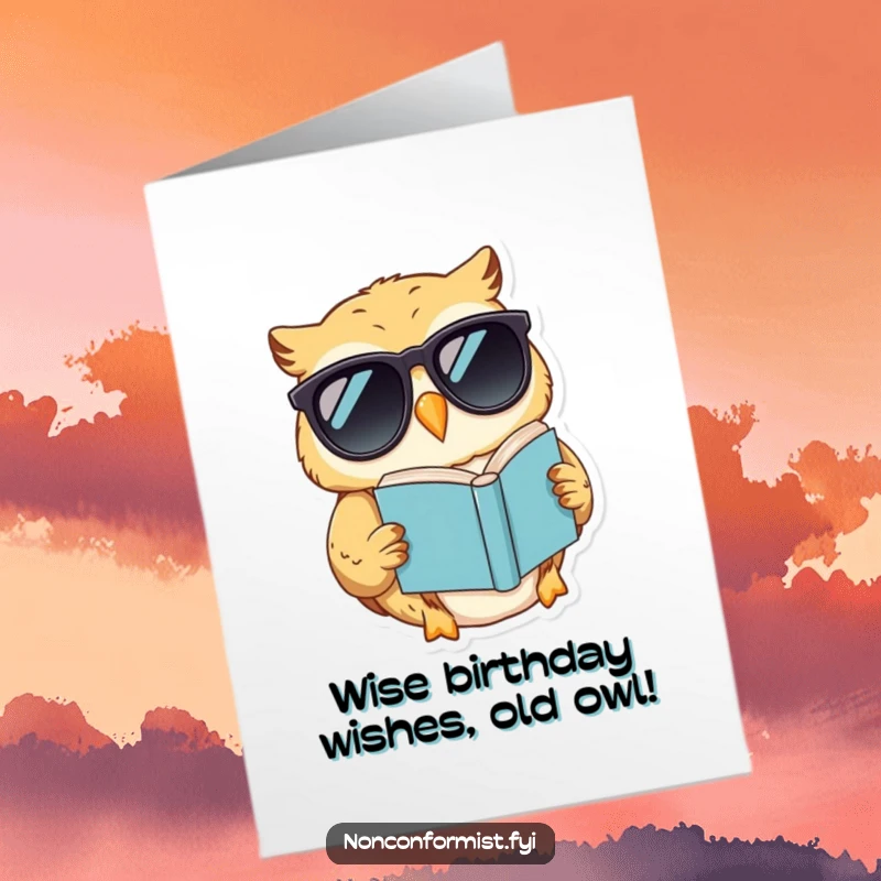 Funny Free Printable Birthday Card, a cool owl in sunglasses reads a book upside down, perfect for birthdays.