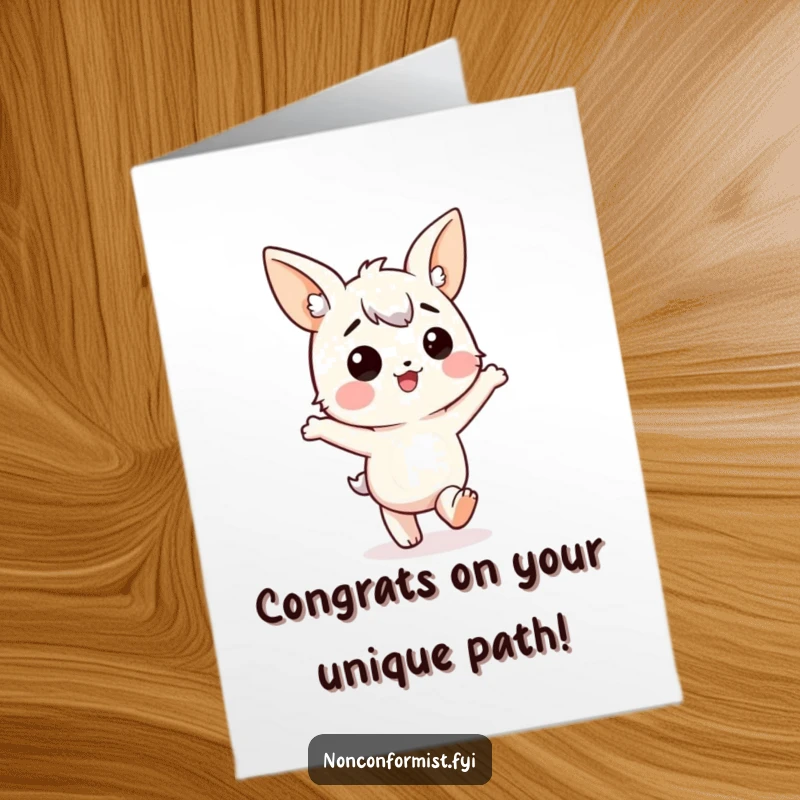 Funny Free Printable Congrats Card: Character with mismatched ears happily marching in the wrong direction. Celebratory, humorous downloadable.