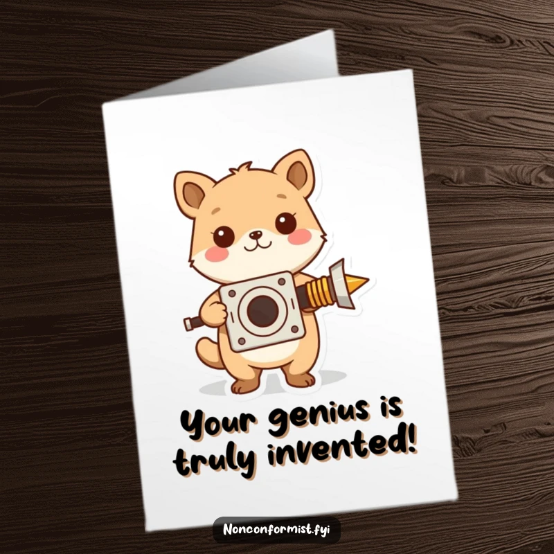 Funny Free Printable Congratulations Card: Cute animal proudly presents a strange yet functional invention.