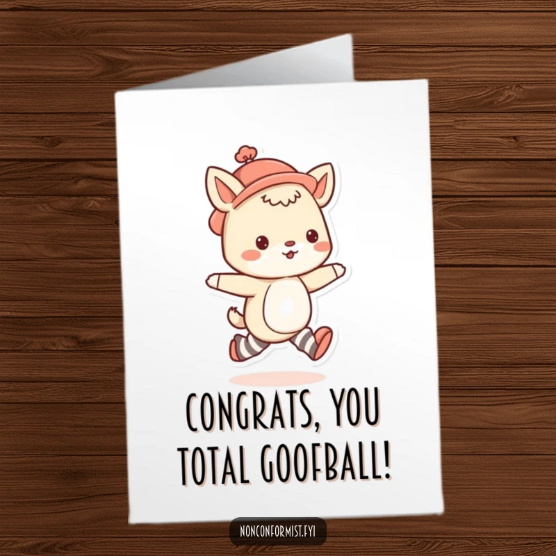 Free Printable Congratulations Card: Cute animal in mismatched socks & quirky hat skipping to celebrate your success.