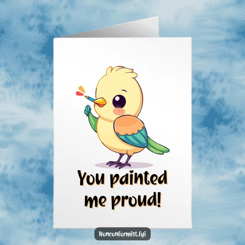 Free Printable Congratulations Card: Colorful bird painting a stripe on its wing, celebrating your amazing accomplishment.