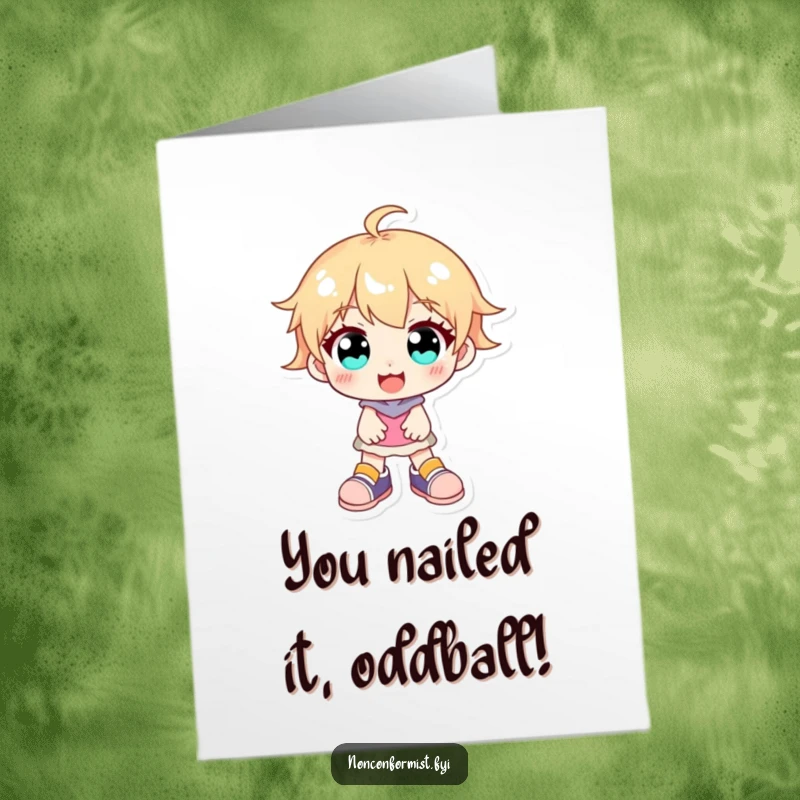 Funny Free Printable Congratulations Card: A beaming character with wide, bright eyes and mismatched shoes celebrating a wonderful achievement.