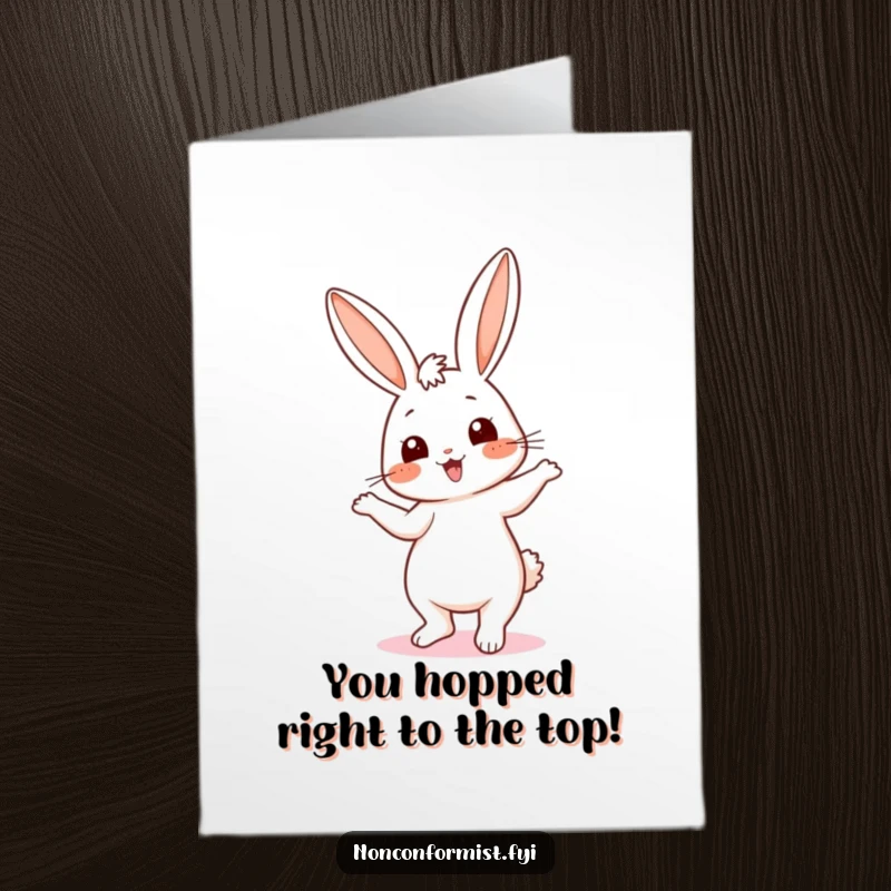 Funny Free Printable Congratulations Card: Bunny dancing joyfully with uneven ears, perfect for celebrating achievements.