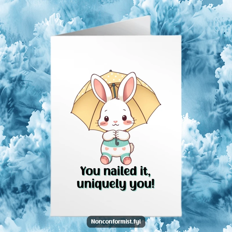 Funny Free Printable Congratulations Card of a shy bunny with odd socks hiding behind a polka-dot umbrella.