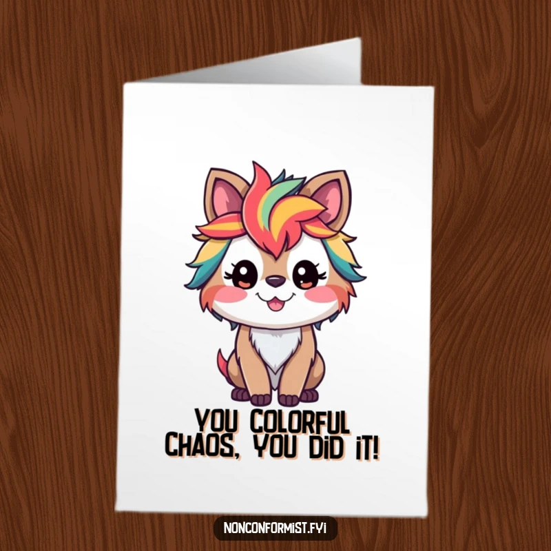 Funny Free Printable Congratulations Card: A happy, multicolored-fur animal cheering with excitement.