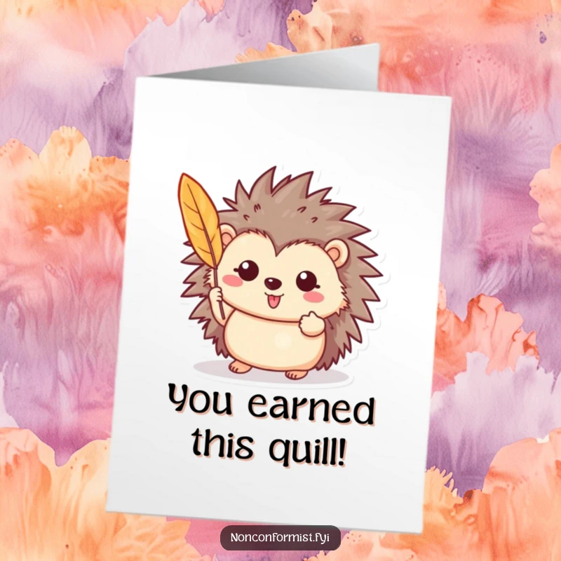 Funny free printable congratulations card showing a happy hedgehog proudly displaying a brightly colored feather, signifying achievement.