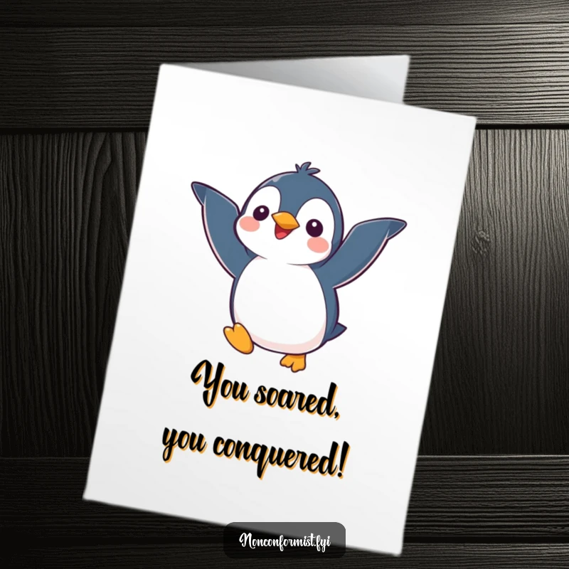 Funny free printable congratulations card: Kawaii penguin mid-air, mismatched wings, celebrating success.