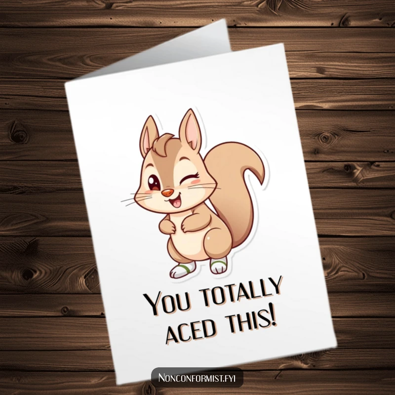 Funny Free Printable Congratulations Card featuring a mischievous squirrel winking, sporting mismatched socks.