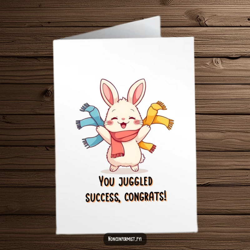 Funny Free Printable Congratulations Card: A happy rabbit juggles colorful scarves, celebrating your brilliant win.