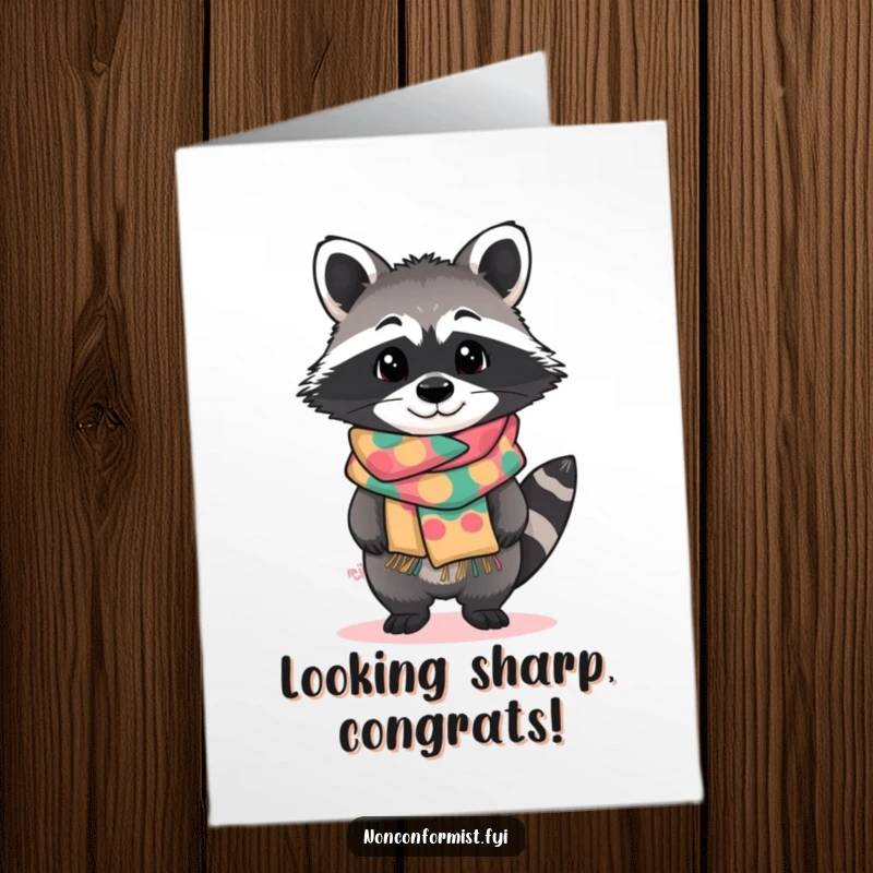 Funny Free Printable Congratulations Card of a standout raccoon character with a curious tilt, sporting a vibrantly patterned, handmade scarf.