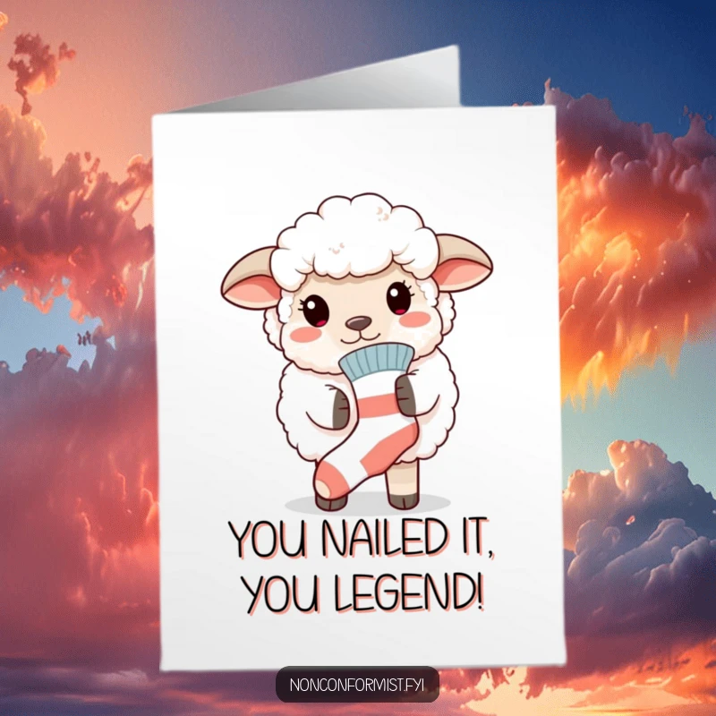 Funny Free Printable Congratulations Card: Sheep with one mismatched sock, radiating quirky pride, great downloadable accent.