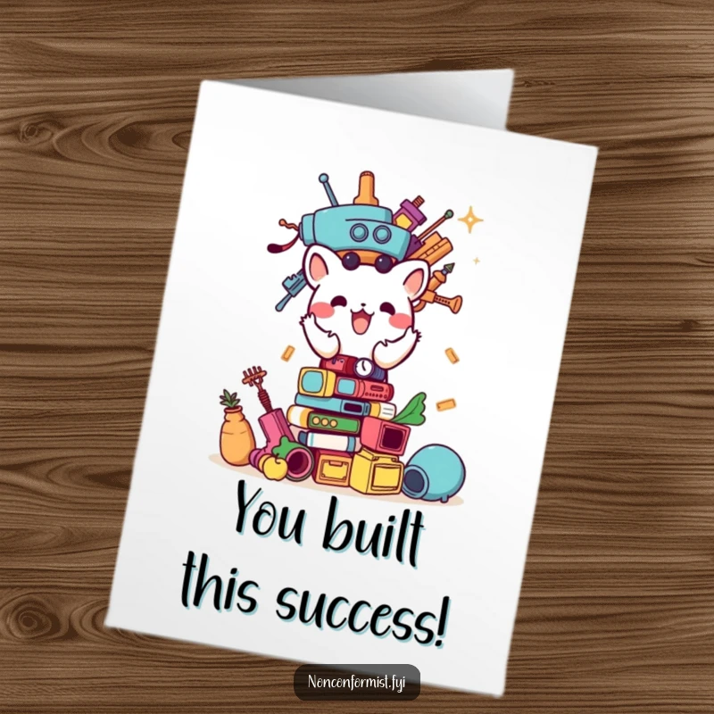 Funny Free Printable Congratulations Card: Ambitious animal creates a precarious tower of oddities to celebrate success.