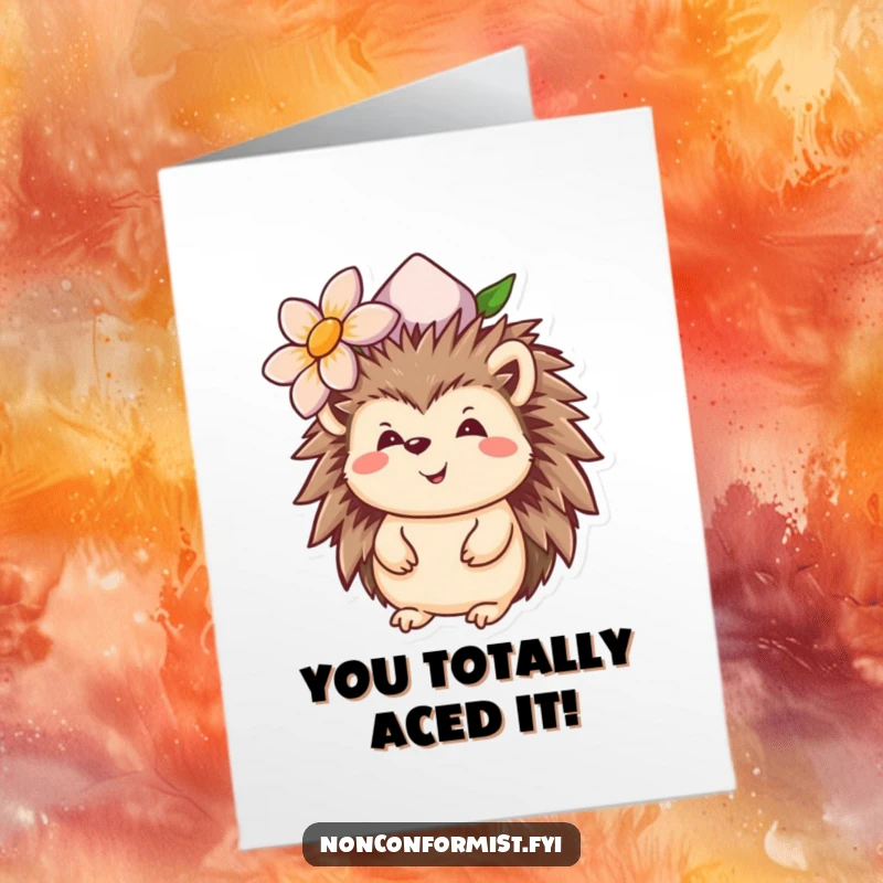 Funny Free Printable Congratulations Card: Adorable hedgehog sporting an upside-down flower hat, sharing good news.