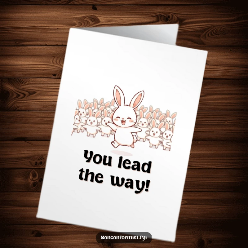 Free printable congratulations card: A rabbit happily hops away from a flock, celebrating their own success.