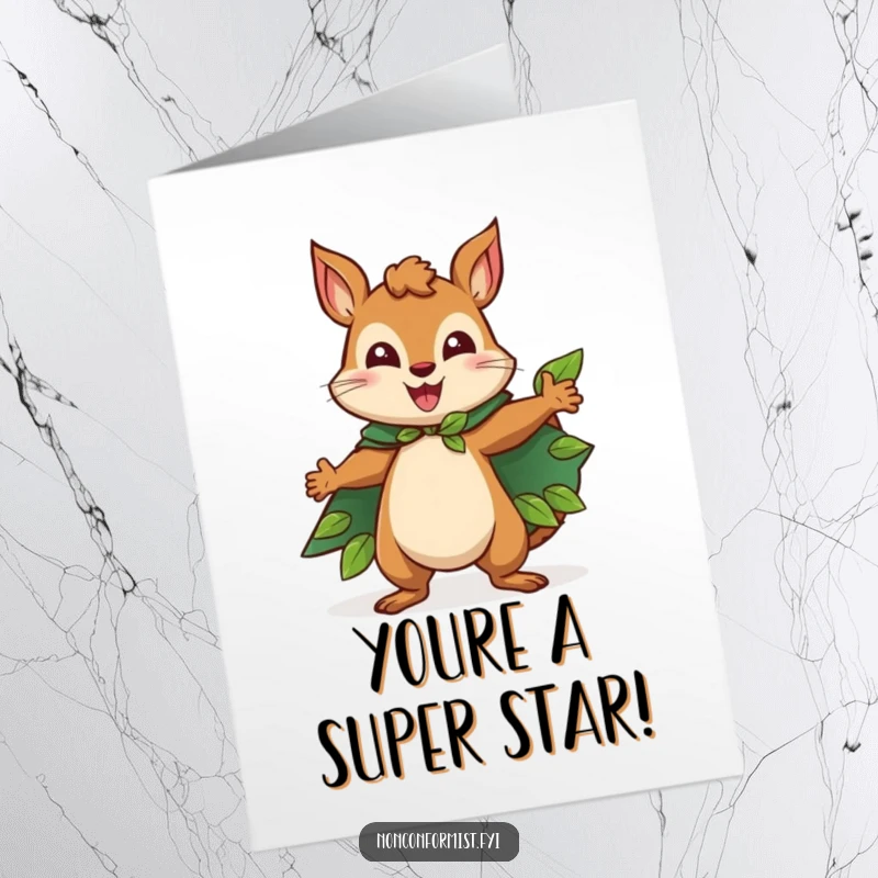 Funny Free Printable Congrats Card: Squirrel in a leaf cape striking a heroic pose, celebrating a grand achievement.