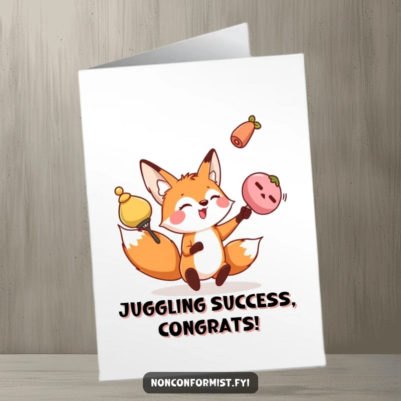 Free Printable Congratulations Card: Playful fox character juggling odd objects, celebrating your incredible accomplishment.
