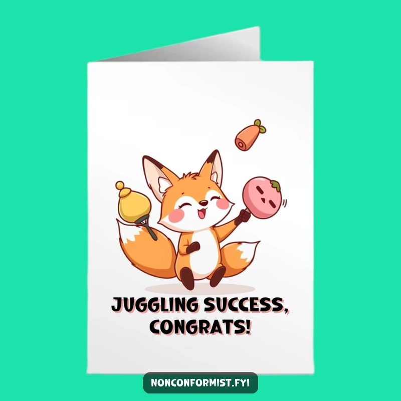 Free Printable Fox Congrats Card: Juggling character, perfect funny downloadable gift for celebrating success.