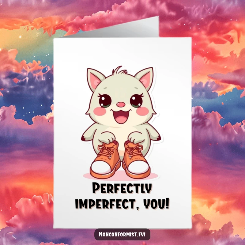 Funny Free Printable Congrats Card: Odd creature sporting wildly different shoes, a quirky and humorous congratulatory greeting.