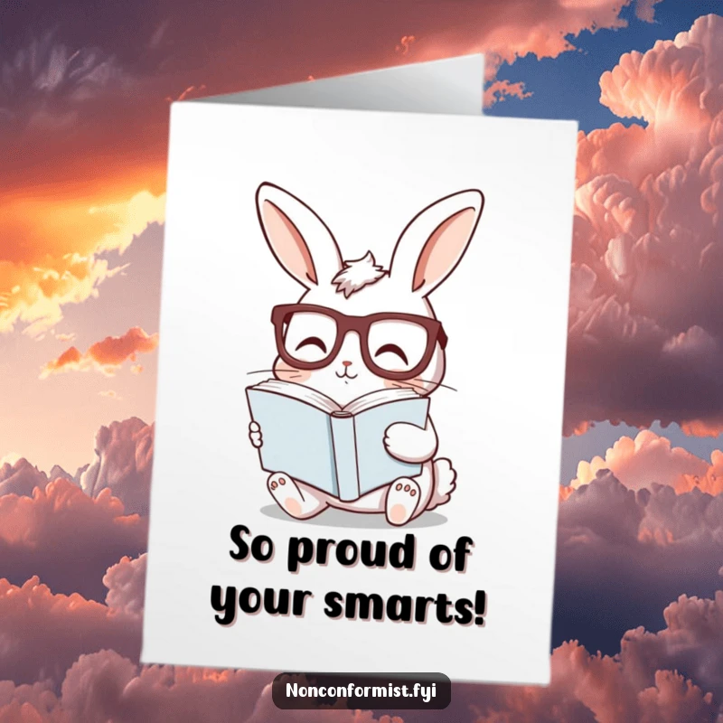 Funny Free Printable Congratulations Card: A curious bunny with glasses, reading a book held sideways, looks smart.