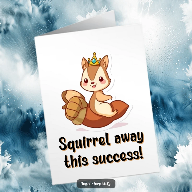 Funny free printable congratulations card: a squirrel king wearing a crown rides a rolling acorn, celebrating success.