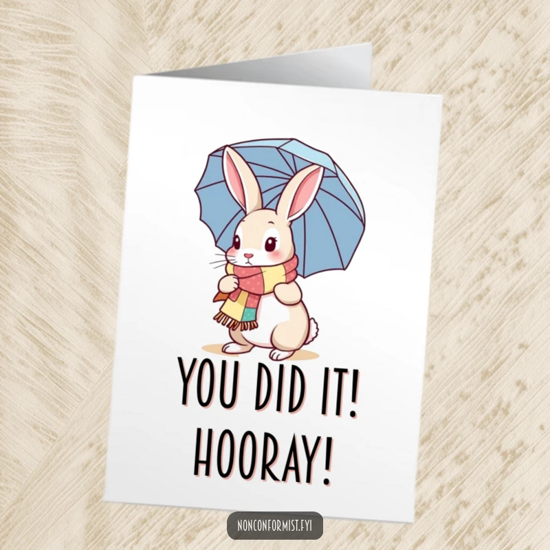 Funny Free Printable Congratulations Card: Rabbit with scarf and umbrella, conveying joyful wishes, downloadable art.