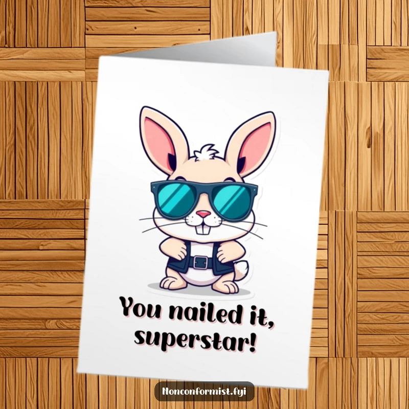 Funny Free Printable Congratulations Card featuring a rebellious bunny in sunglasses with a cool grin, celebrating an achievement.