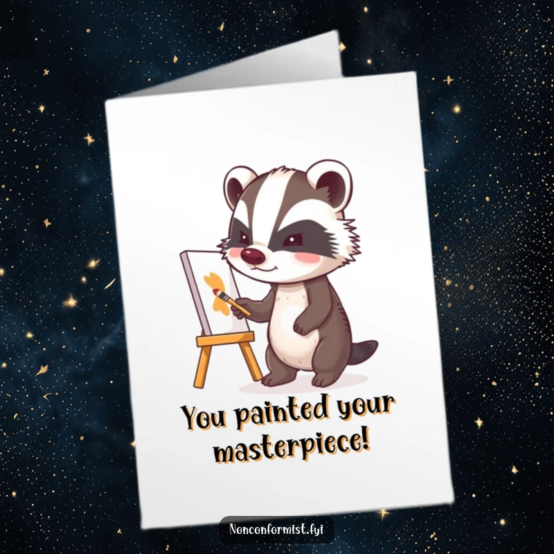 Funny Free Printable Congratulations Card: A determined badger proudly admiring their slightly wonky but passionately painted canvas, celebrating success.